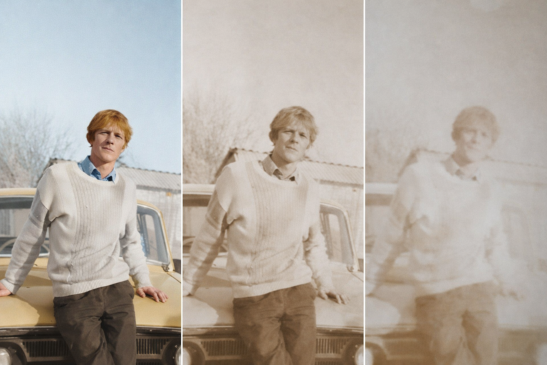 Split screen comparison of an old blurry family photo and a restored 4K portrait using AI restoration