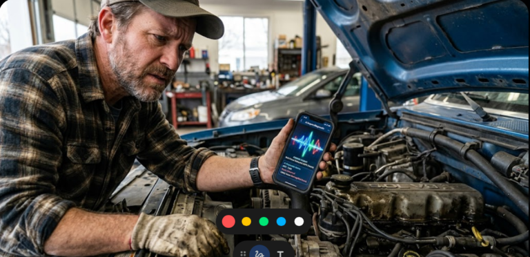 A frustrated car owner using an ai engine sound diagnostic app on a smartphone to analyze engine knocking