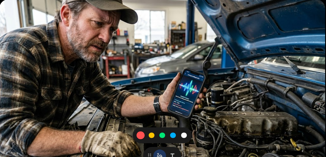 A frustrated car owner using an ai engine sound diagnostic app on a smartphone to analyze engine knocking