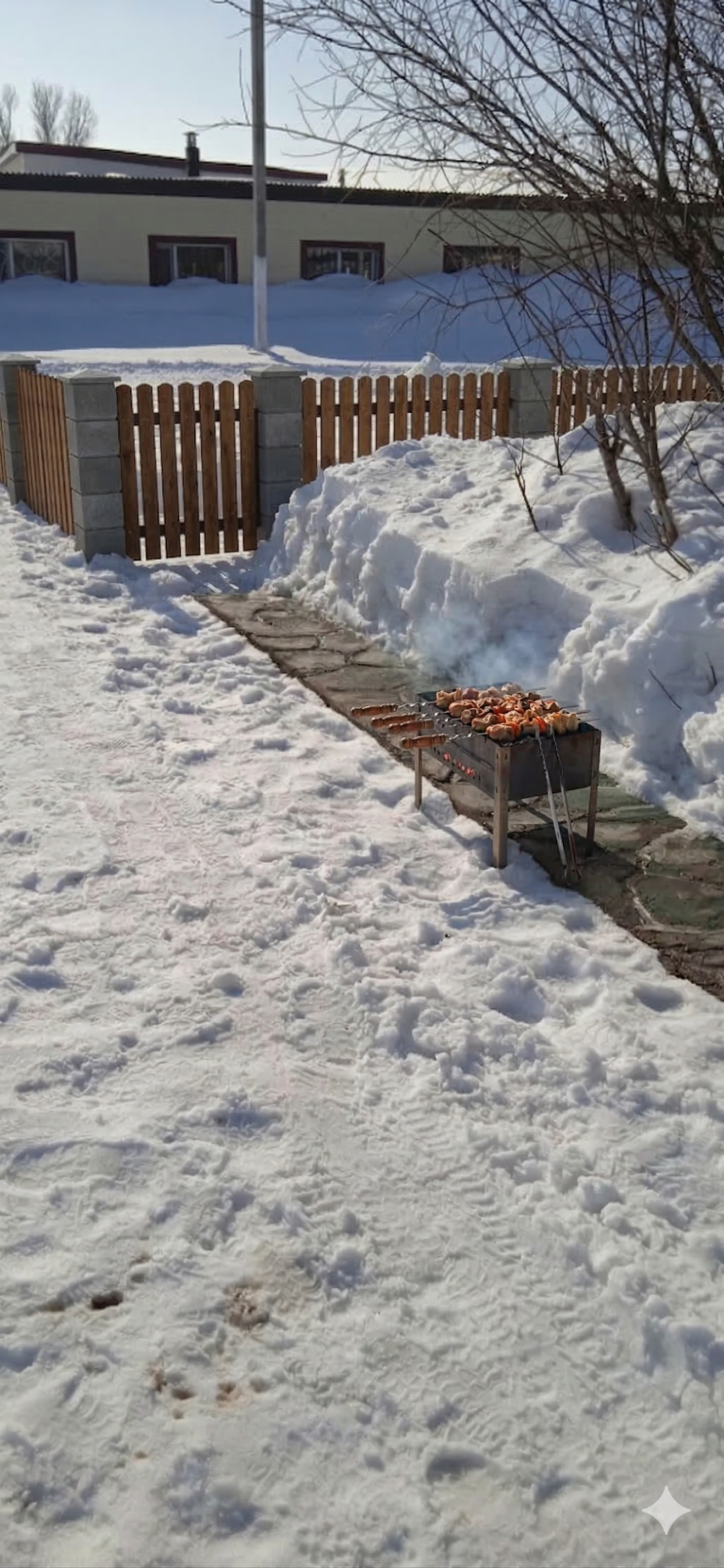 A snowy backyard featuring a custom DIY metal grill (mangal) cooking pork skewers, highlighting the shashlik vs bbq comparison, next to a wooden fence.