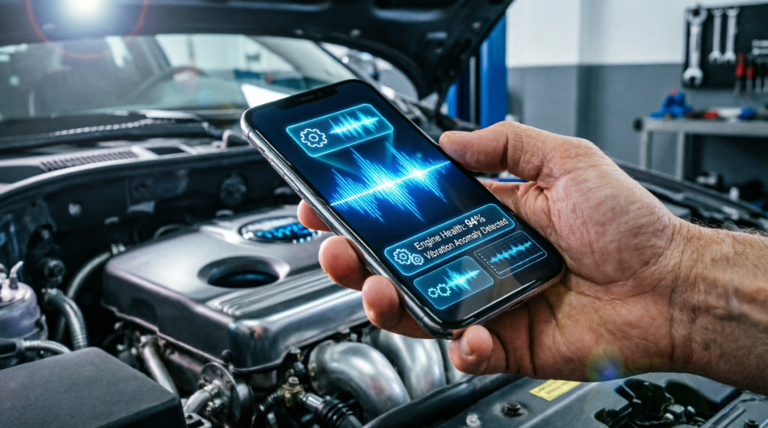 Al Car Diagnostic App. A person uses a smartphone app with AI to diagnose engine noise under the hood of a car.