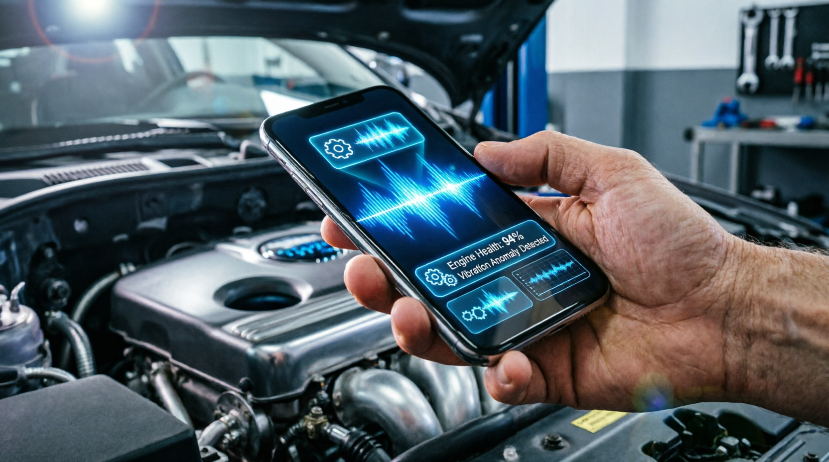 Al Car Diagnostic App. A person uses a smartphone app with AI to diagnose engine noise under the hood of a car.