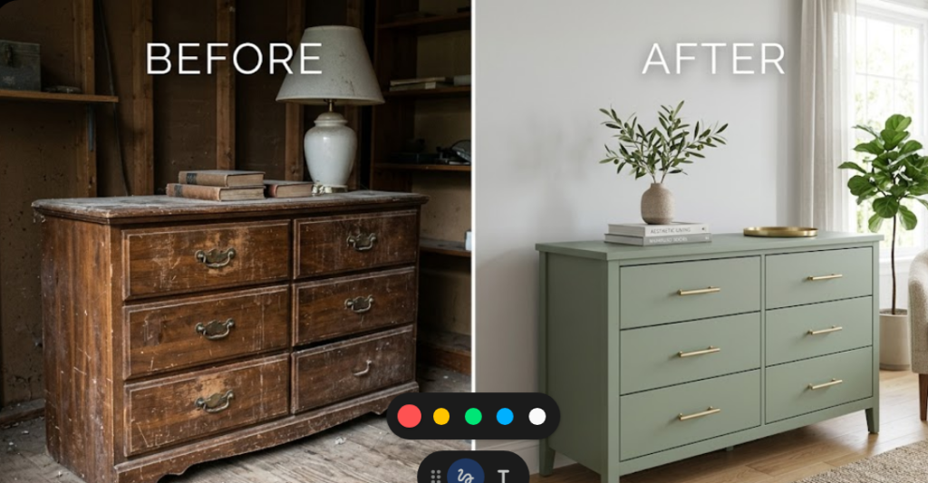 Before and After – Old dresser transformed using AI visualization. Best AI Tool for Furniture Restoration Ideas & Upcycling 2026