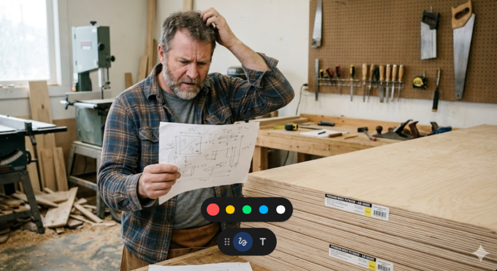 Frustrated DIY woodworker trying to calculate plywood cuts on paper before using a cutlist optimizer free alternative