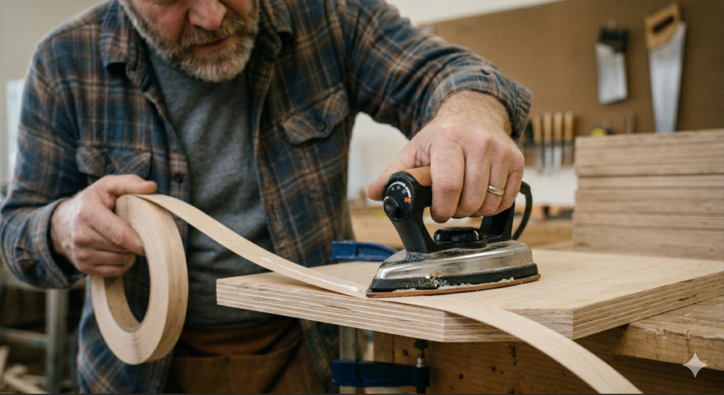 Professional applying melamine edge banding to a plywood panel after using an AI-assisted cut list generator.