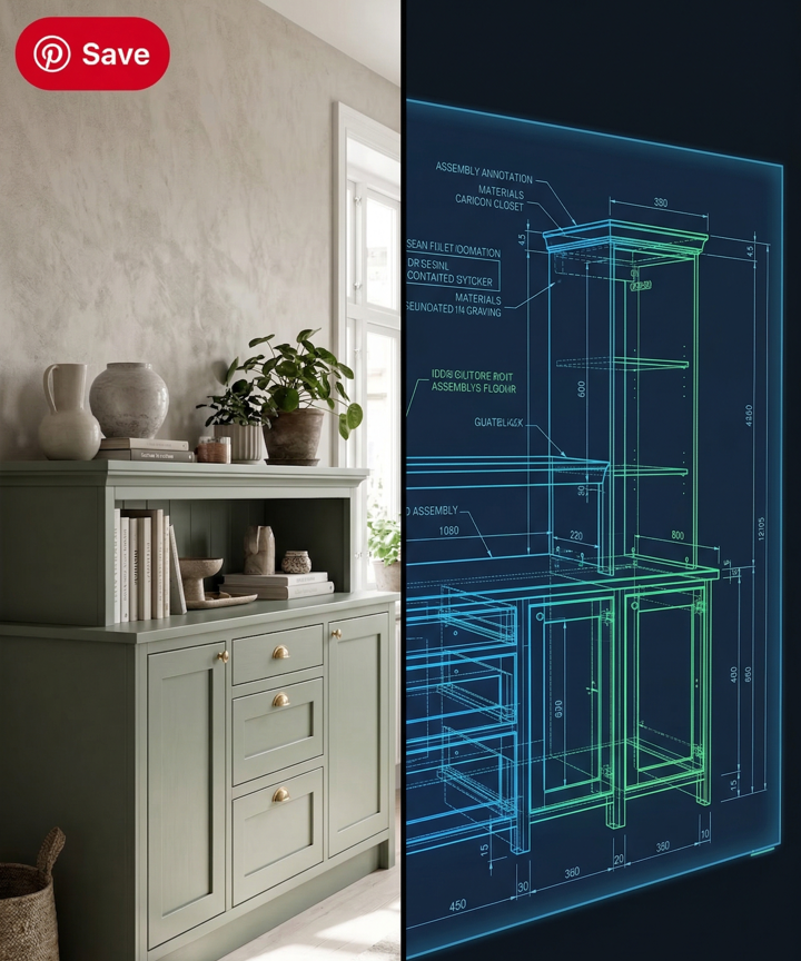 A cinematic shot inside a garage workshop showing a modern tablet displaying a digital blueprint and optimized plywood cut list, representing how to reverse engineer furniture plans from a photo.