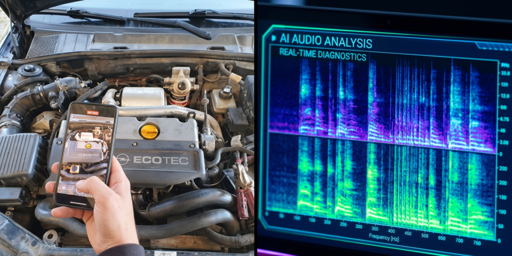 How to make saas promo video with ai. Smartphone recording car engine next to AI spectrogram