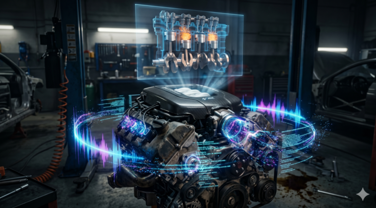 A cinematic visualization of a car engine block with glowing sound spectrograms and a holographic projection of moving pistons, representing AI video tools for technical marketing.