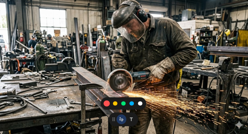 Use AI to Choose the Best Angle Grinder. A rugged corded angle grinder sitting on a sheet of raw steel, symbolizing how to use AI to choose the best tool for a DIY BBQ grill project