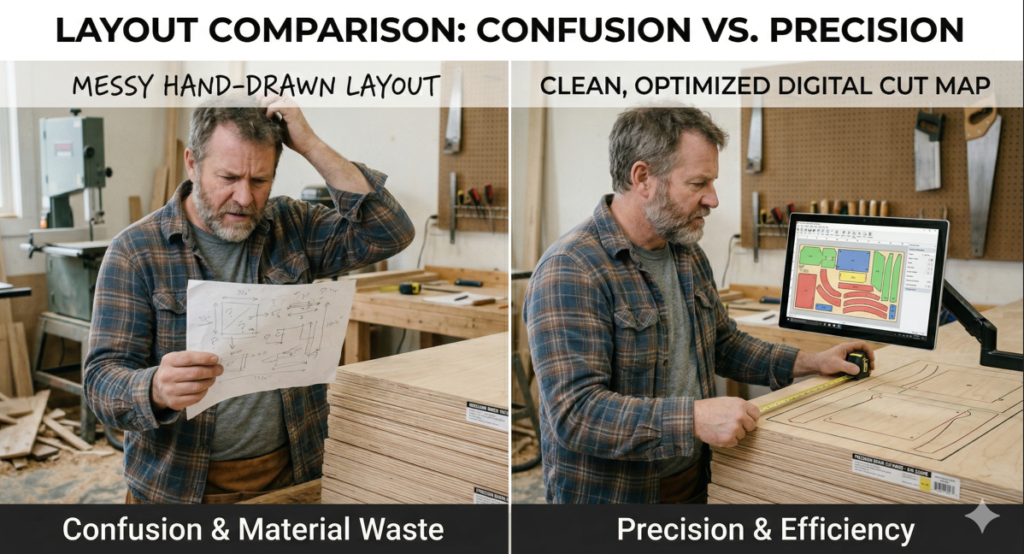 Side-by-side comparison of a messy hand-drawn layout and a clean digital cut map generated by a free plywood cut list software