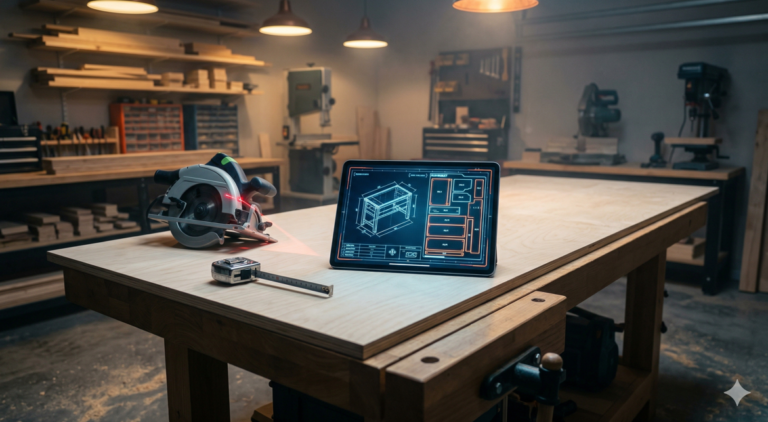 A modern tablet displaying a digital cut map on plywood, representing our powerful cutlist optimizer free alternative