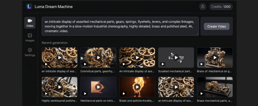 Luma Dream Machine interface for mechanical engineering video