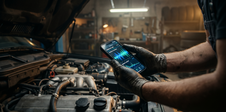 Mechanic holding a smartphone over an open car hood to record audio for an engine sound diagnostic ai app