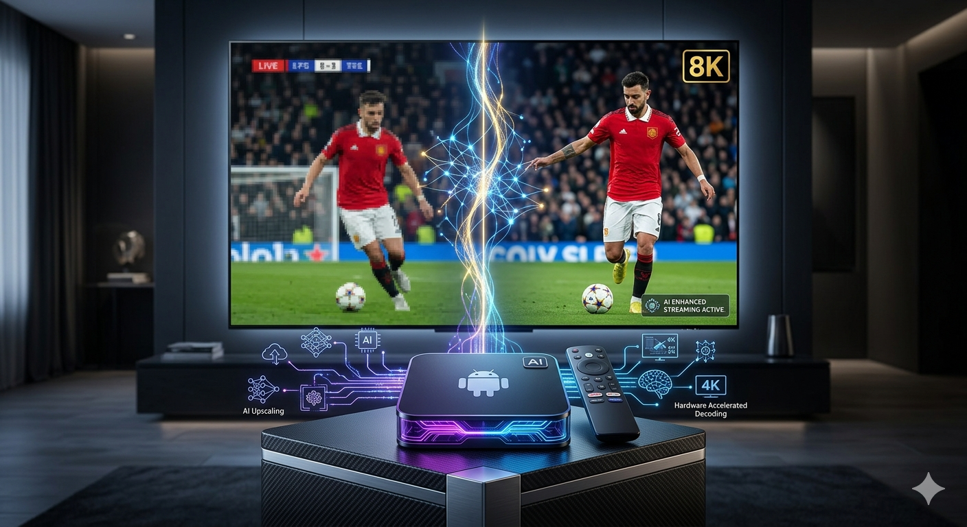 The best Android TV box for IPTV: A black streaming device with AI upscaling capabilities sits on a wood stand. A wall-mounted 4K TV displays a futuristic 'IPTV POWERED BY AI' interface, highlighting hardware decoding and high-quality streaming in a modern living room.