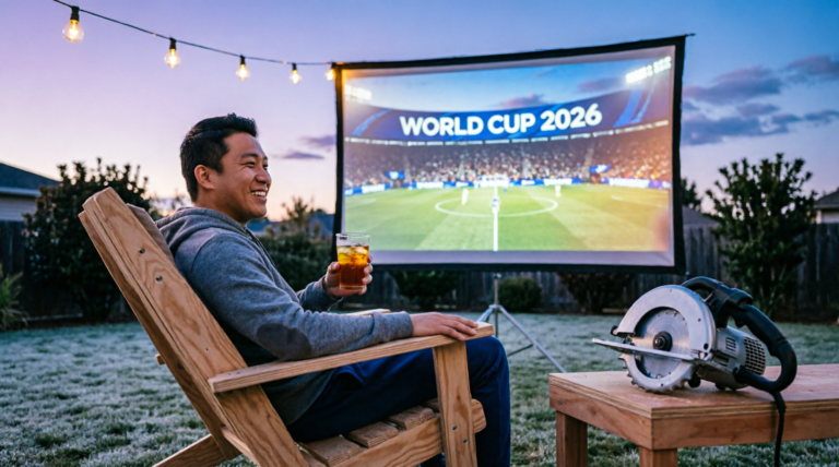 plywood cutlist app. Happy person watching a World Cup 2026 soccer match on a large outdoor projector screen while sitting in a newly built DIY plywood lounge chair in a cozy backyard at twilight