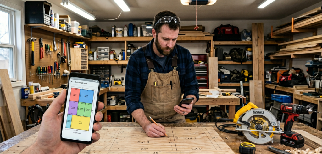 A close-up view in a workshop showing a craftsman holding a smartphone with a plywood cutlist app optimized layout diagram next to a sheet of plywood prepared for cutting with a circular saw.