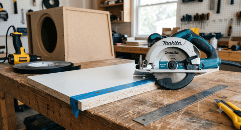 Close-up showing how to cut particle board without chipping using a circular saw and the masking tape trick