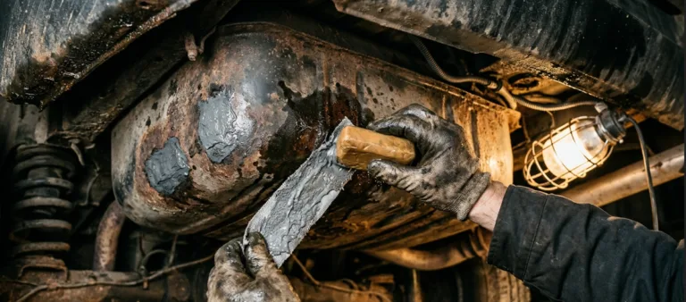 Close-up of an emergency gas tank repair without removal using heavy-duty soap and J-B Weld epoxy.