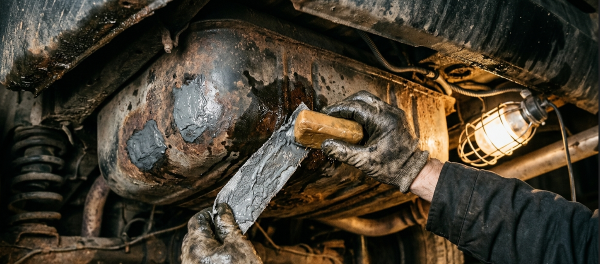 Close-up of an emergency gas tank repair without removal using heavy-duty soap and J-B Weld epoxy.